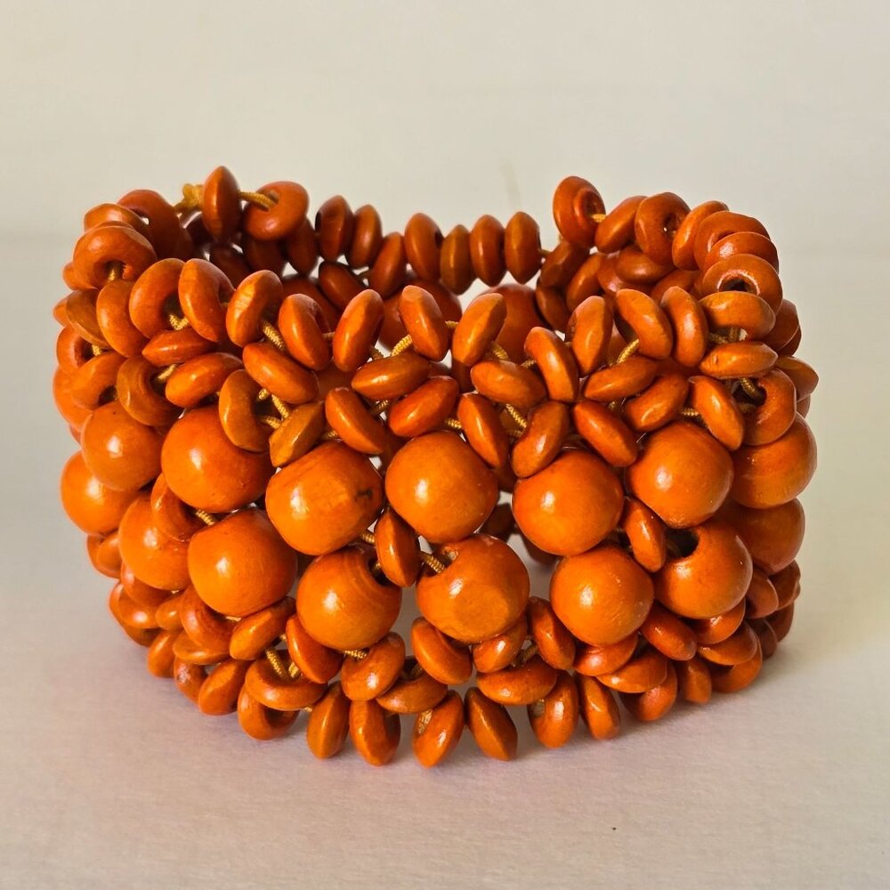 Stretch Bracelet Women Orange Handmade Vibrant Colorful Beaded Wooden Wood Boho
